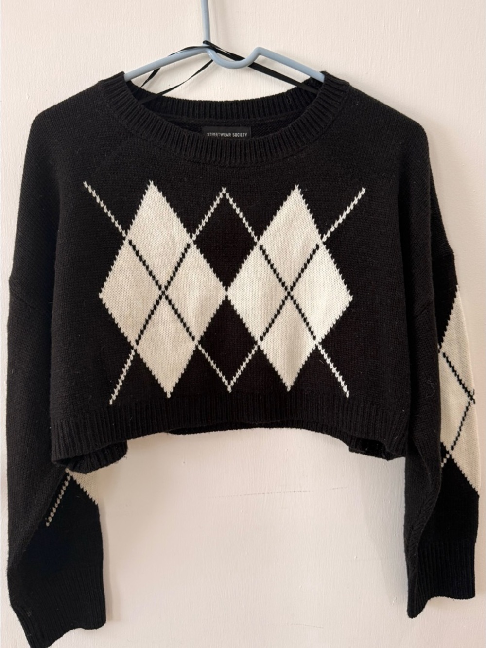Streetwear Society Black & White Cropped Argyle Crewneck Sweater